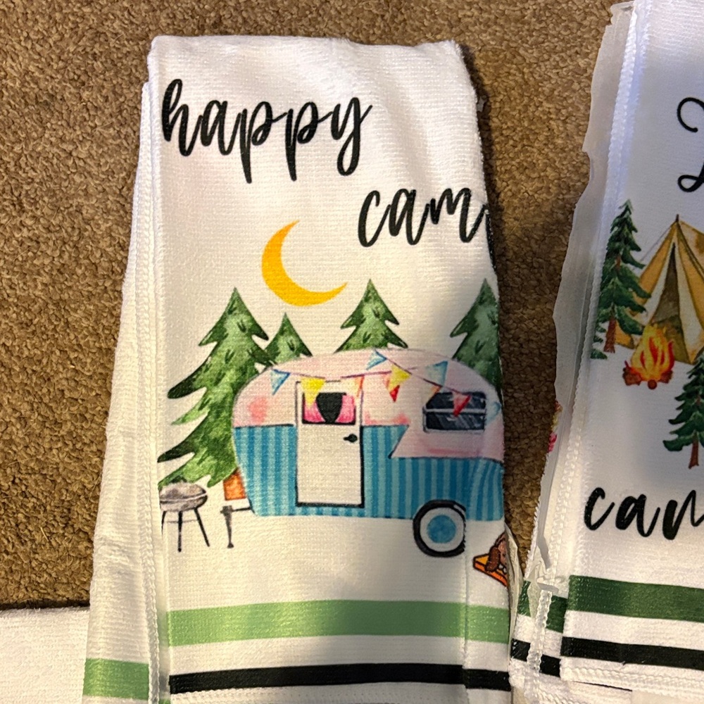 Happy Camper Kitchen Towel Set with Camper Bamboo Coaster Set, Camper cut board - Picture 5 of 10
